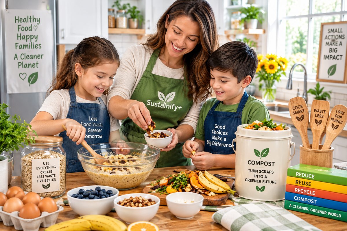 Family sorting kitchen waste together